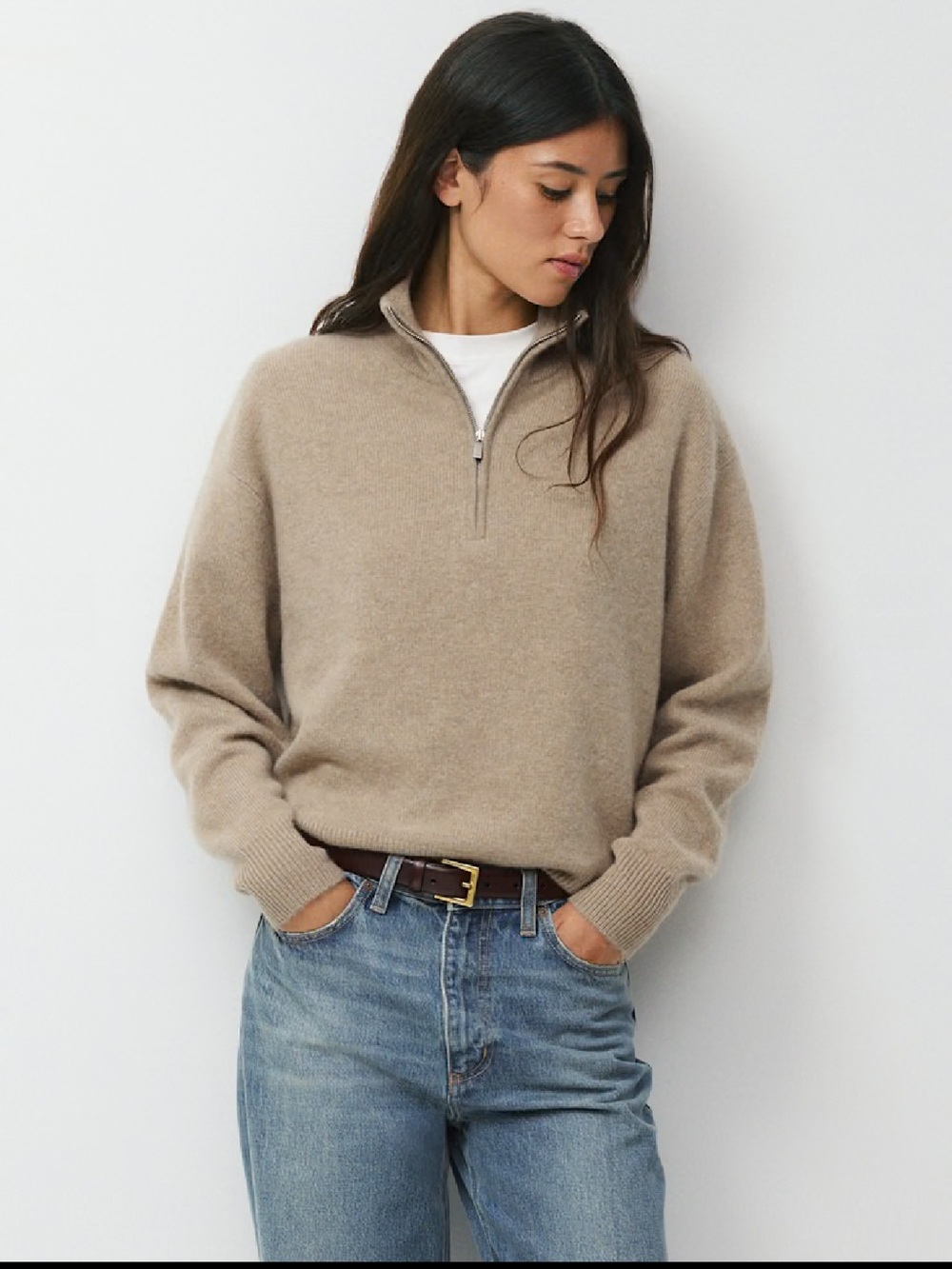 Aritzia Taupe Zip-Neck Cowl Sweater